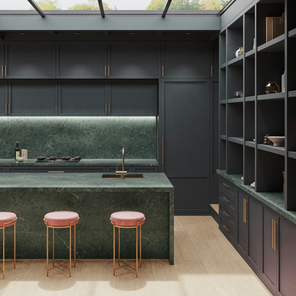 Jardin Emerald quartz countertop - deep green and gold veined Silestone surface - view 2