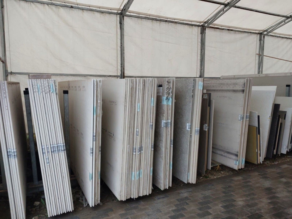 Dekton and other slabs stored in the Videa Stone slab yard in Latvia