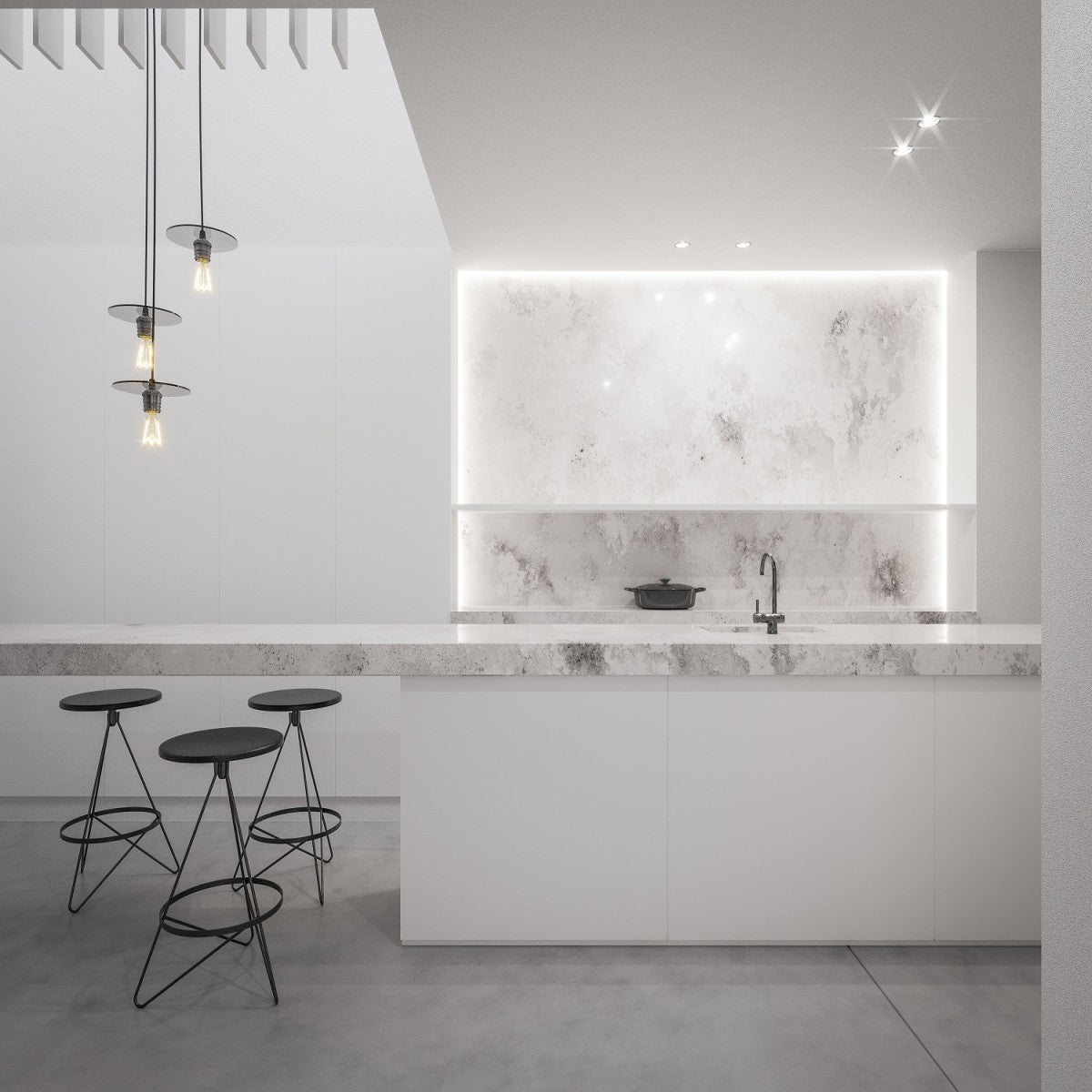 White kitchen with a backlit veined TechniStone slab wall, matching island top and black wire bar stools