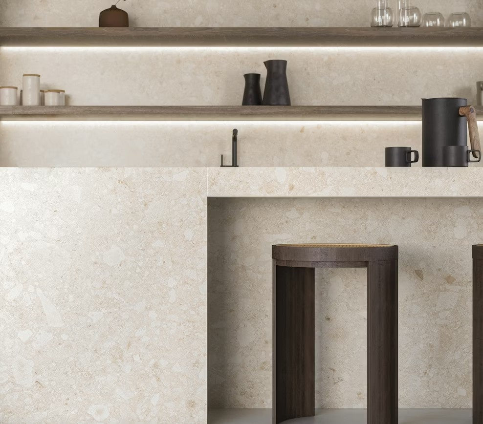 Ava ceramic countertop - warm cream multiform aggregate Dekton surface - view 3