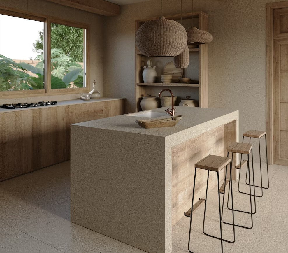 Avorio ceramic countertop - light beige fossil shell patterned Dekton Outlet surface - view 3