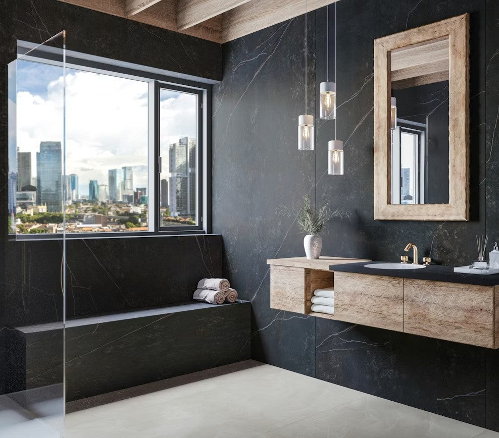 Kelya ceramic countertop - dark marble look with light streaks Dekton surface - view 3