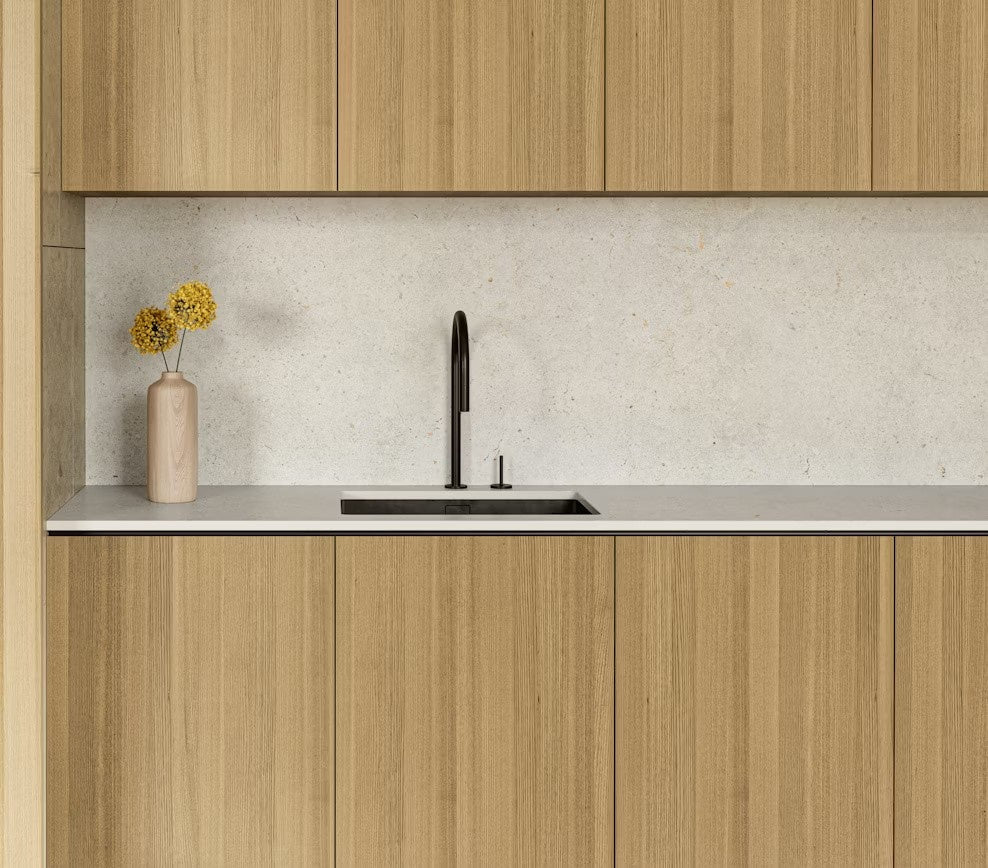 Polar ceramic countertop - beige limestone-look Dekton surface with fossil detail - view 3