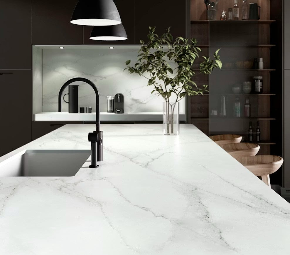 Rem ceramic countertop - white marble look with grey and gold veining Dekton surface - view 3