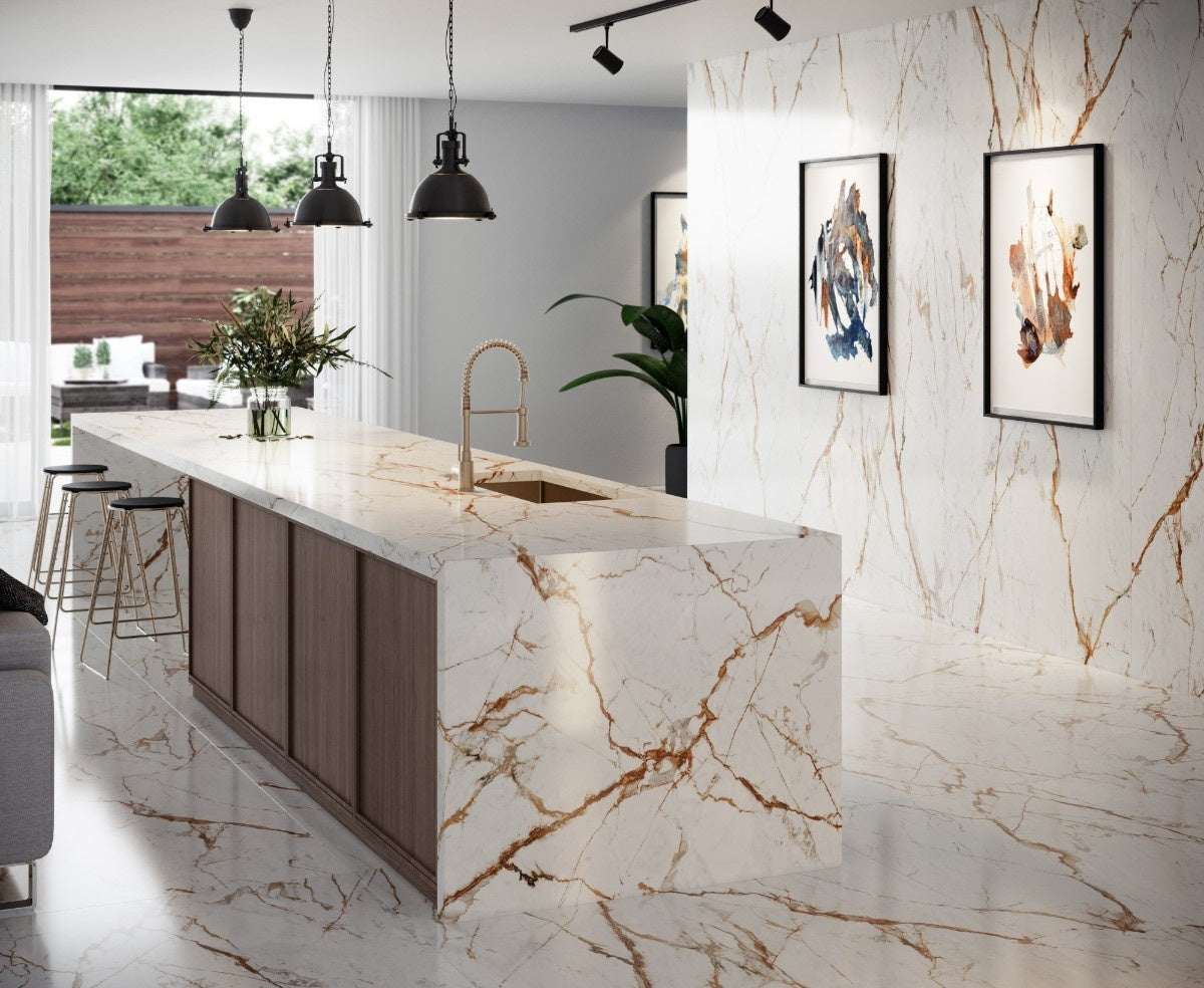 Reverie ceramic countertop - grey, cream and terracotta veining Dekton surface - view 3