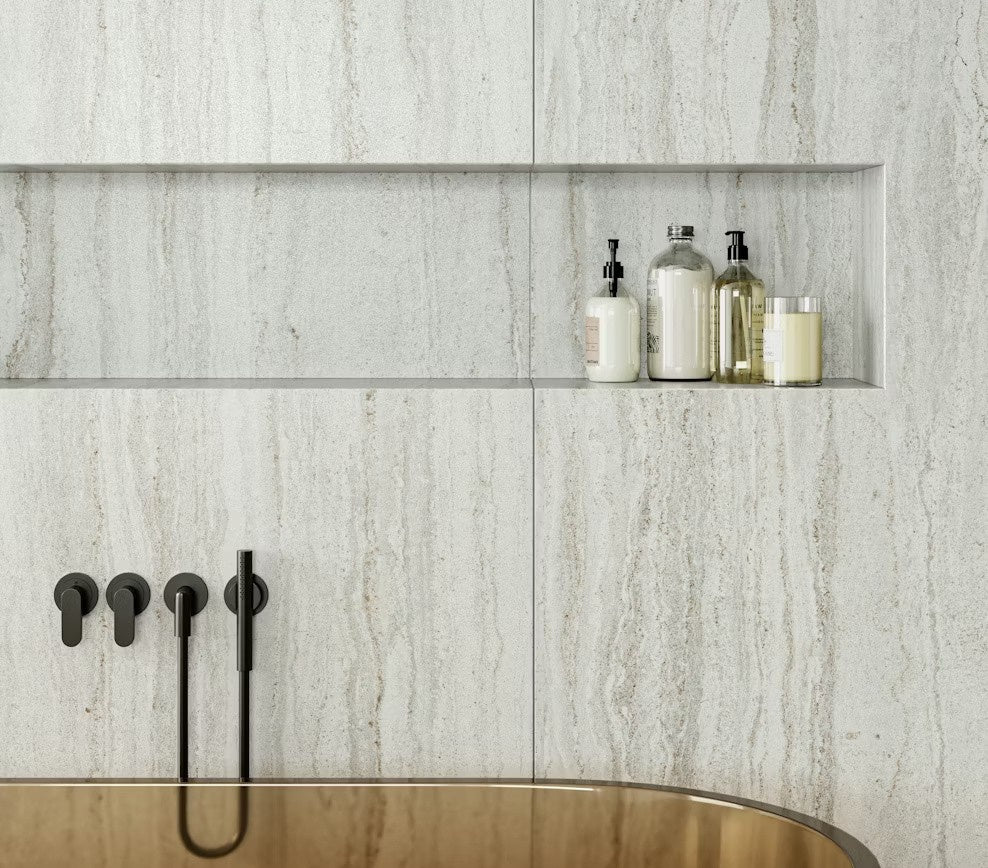 Trevi ceramic countertop - cream with grey and blue parallel veining Dekton surface - view 3