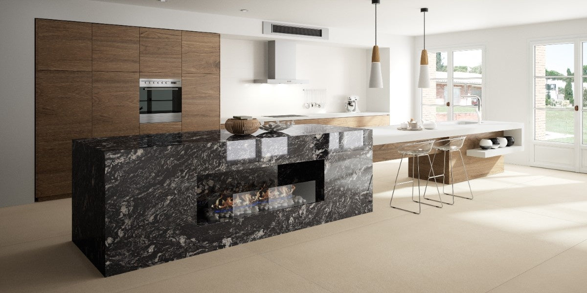 Indian Black natural stone countertop - black granite with pale crystalline veining, Sensa surface - view 3
