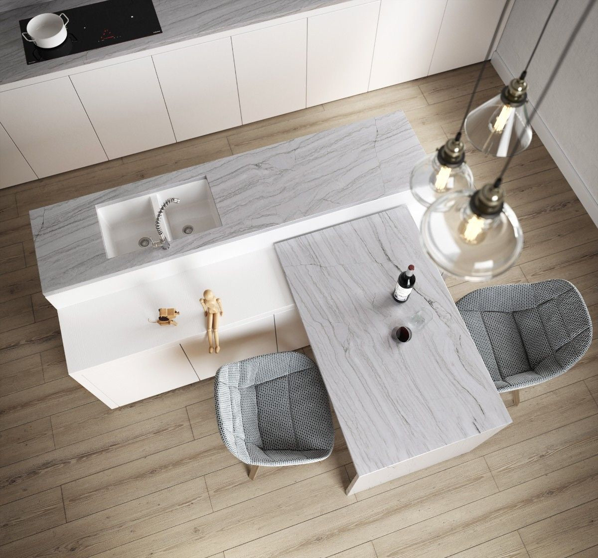 White Macaubas natural stone countertop - light granite with fine grey linear veining, Sensa surface - view 3