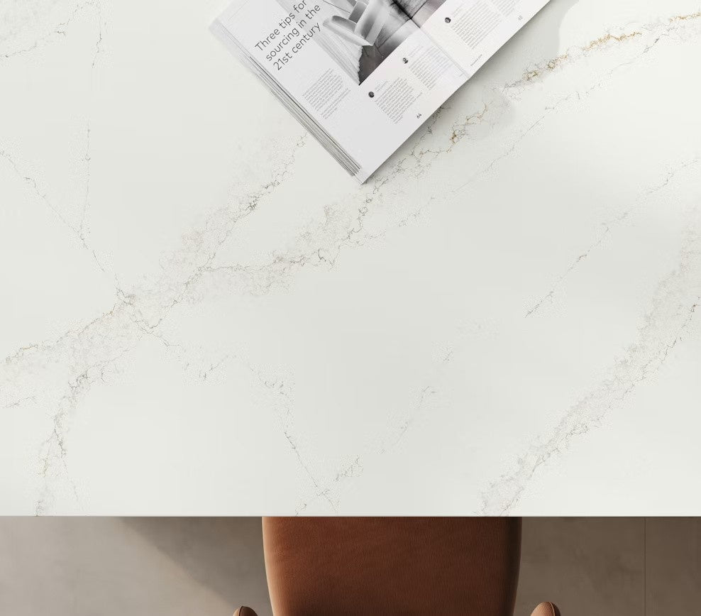 Bronze Rivers quartz countertop - warm white and gold veined Silestone surface - view 3