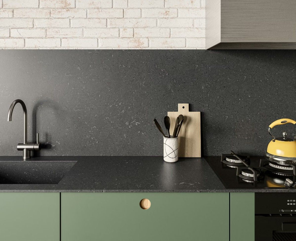 Cinder Craze quartz countertop - dark grained black with white shell veining Silestone surface - view 3