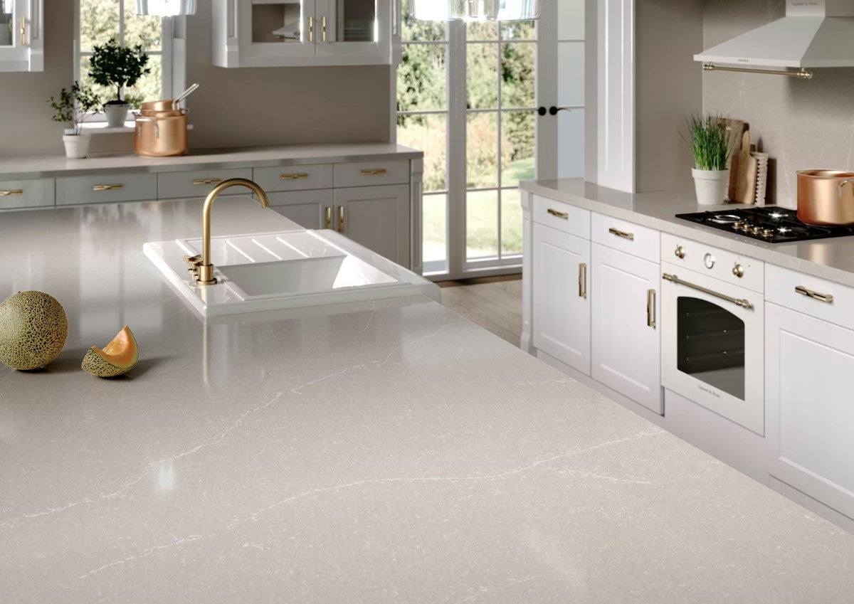 Desert Silver quartz countertop - icy pale finely veined Silestone Outlet surface - view 3