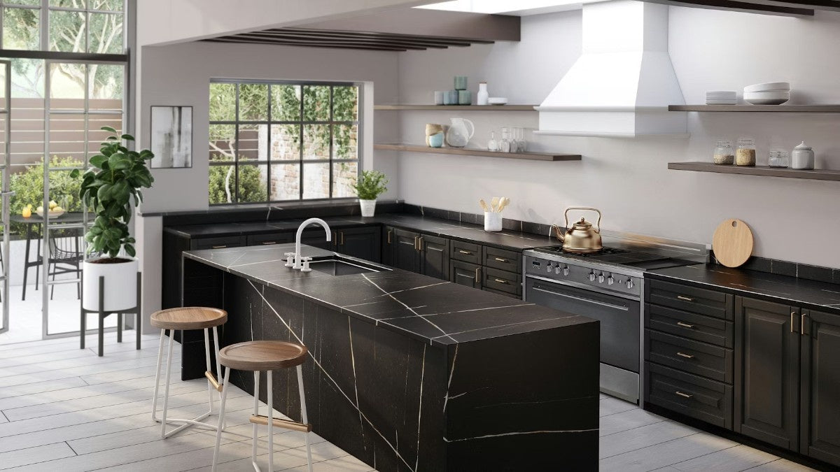 Et Noir quartz countertop - dark subtly veined TechniStone surface - view 3
