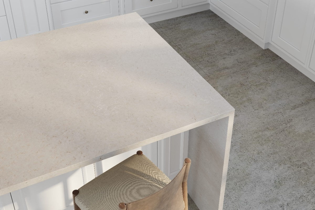 Motion Grey quartz countertop - warm grey limestone-look Silestone surface - view 3