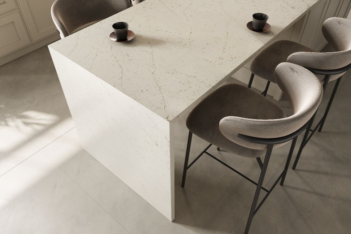Persian White quartz countertop - soft white creamy veined Silestone surface - view 3