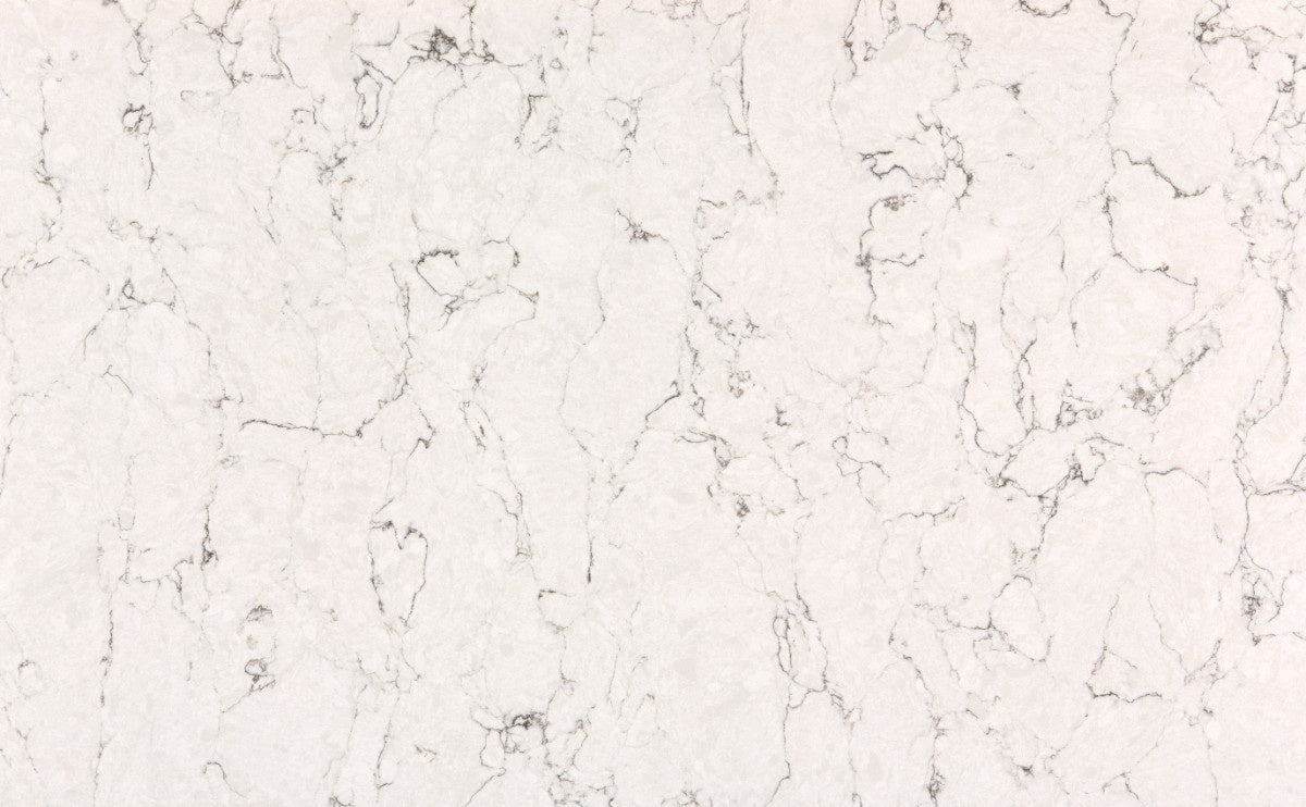 White Arabesque quartz countertop - white and grey marbled Silestone Outlet surface