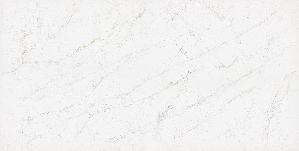 Calacatta Olympos quartz countertop - cool grey and warm brown veined TechniStone surface - view 2