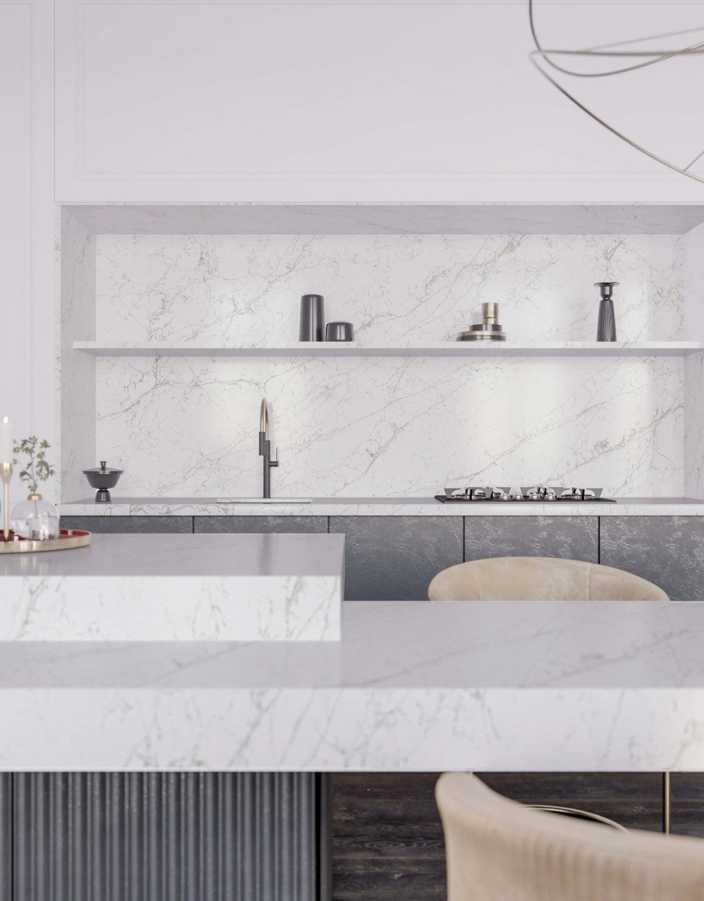 Calacatta Olympos quartz countertop - cool grey and warm brown veined TechniStone surface - view 3