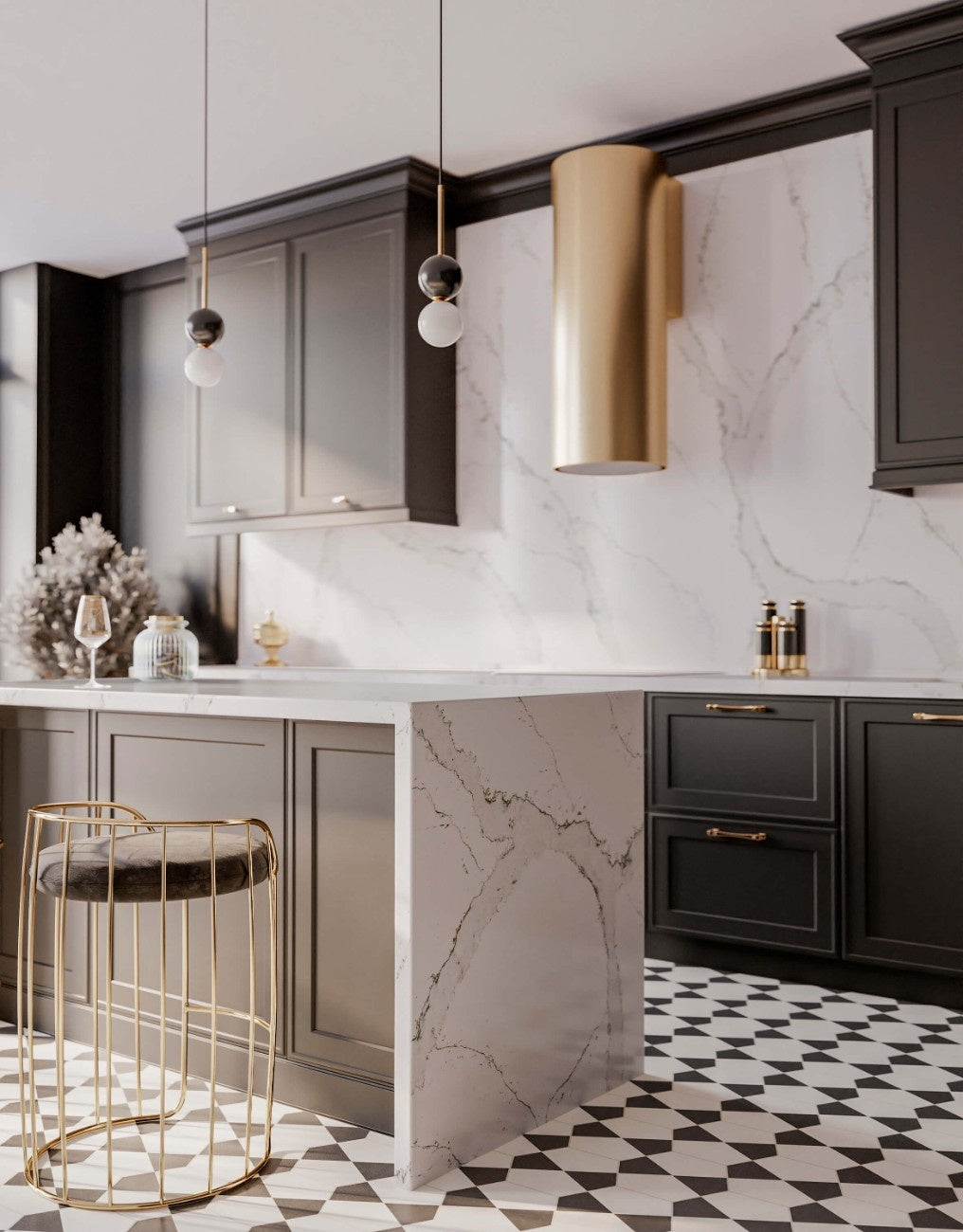 Calacatta Volegno quartz countertop - grey veined marble-look TechniStone Outlet surface - view 3
