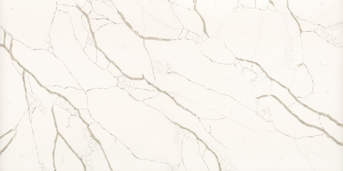 Crystal Calacatta Silva quartz countertop - white veined TechniStone surface - view 2