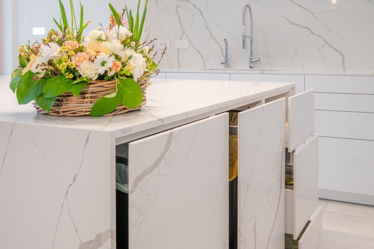 Crystal Calacatta Silva quartz countertop - white veined TechniStone surface - view 3
