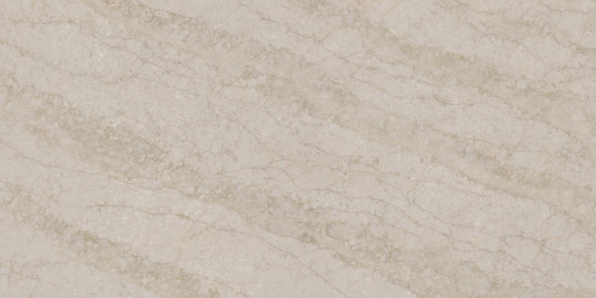 Glencoe quartz countertop - warm neutral veined TechniStone surface - view 2