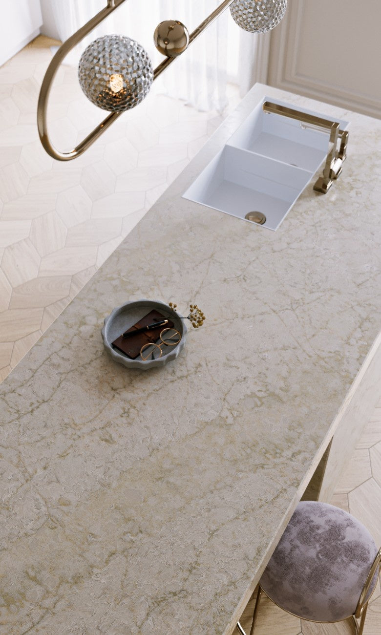 Glencoe quartz countertop - warm neutral veined TechniStone surface - view 3