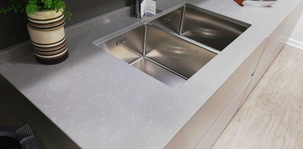 Noble Pro Cloud quartz countertop - soft white and grey marble-look TechniStone surface - view 3