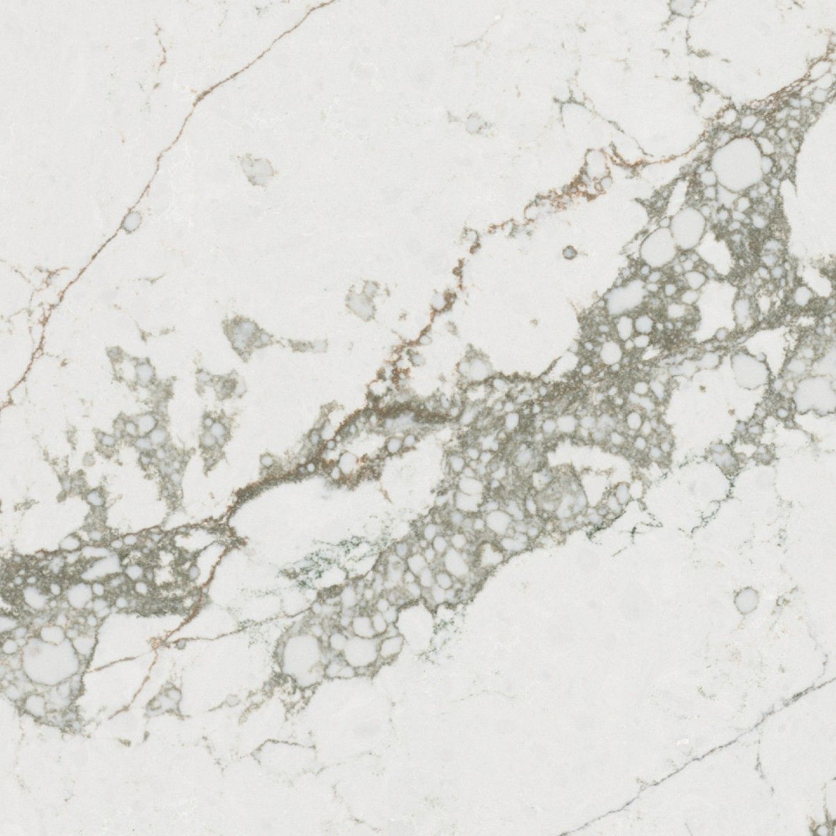 Verde Peak quartz countertop - white and grey-green veined TechniStone surface