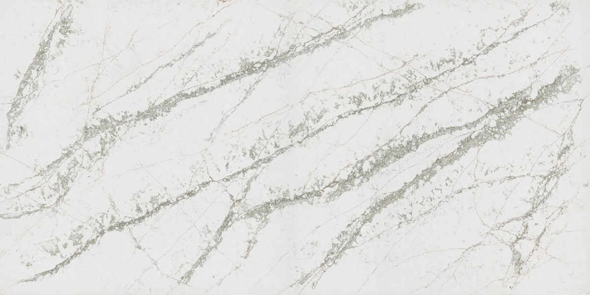 Verde Peak quartz countertop - white and grey-green veined TechniStone surface - view 2