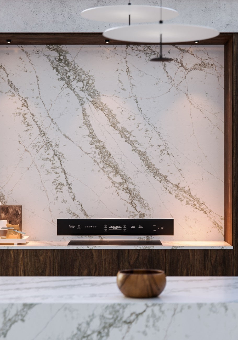 Verde Peak quartz countertop - white and grey-green veined TechniStone surface - view 3